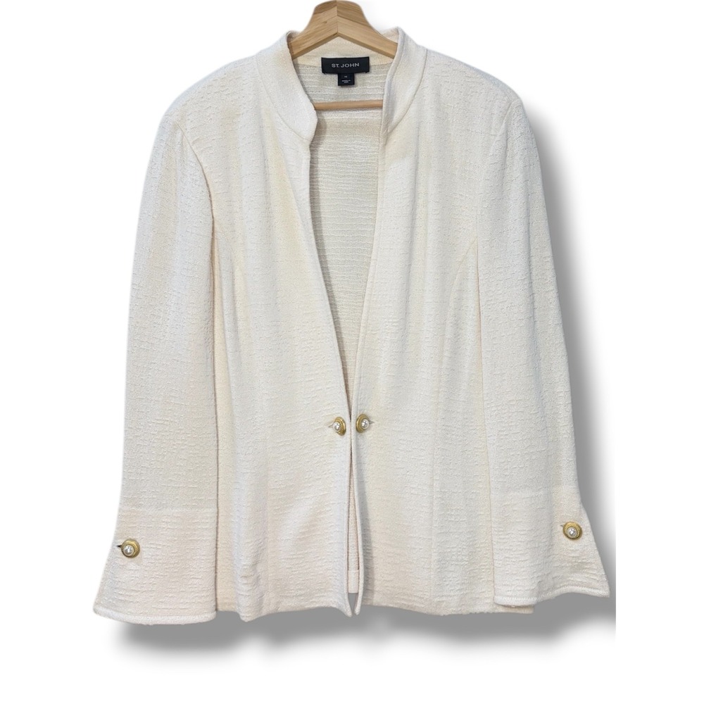St John Cream Textured Knit Blazer Jacket Gold Pearl Button Flare Sleeve Size 14